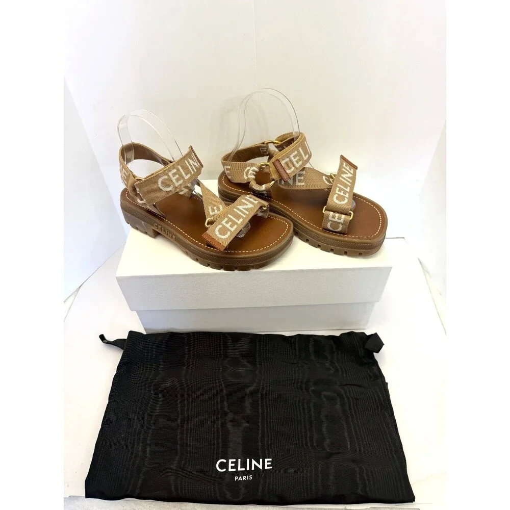 CELINE Paris Leo Wool Jacquard Strappy Sandals Light Beige/White Sz 37 MSRP $850